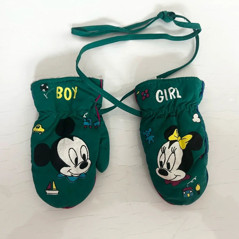Vintage Disney Green Mickey Minnie Cartoon Winter Mittens for Toddler Kid